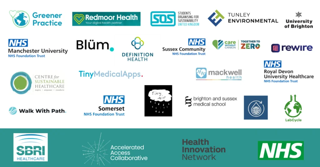 Logos of the 22 innovations funded in the SBRI Healthcare Net Zero programme, including LabCycle, with SBRI Healthcare, the Accelerated Access Collaborative, the Health Innovation Network and the NHS