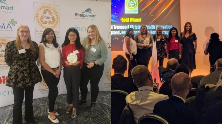 The LabCycle team holding the gold award trophy at the awards backdrop, and the Gold Winner presentation on stage